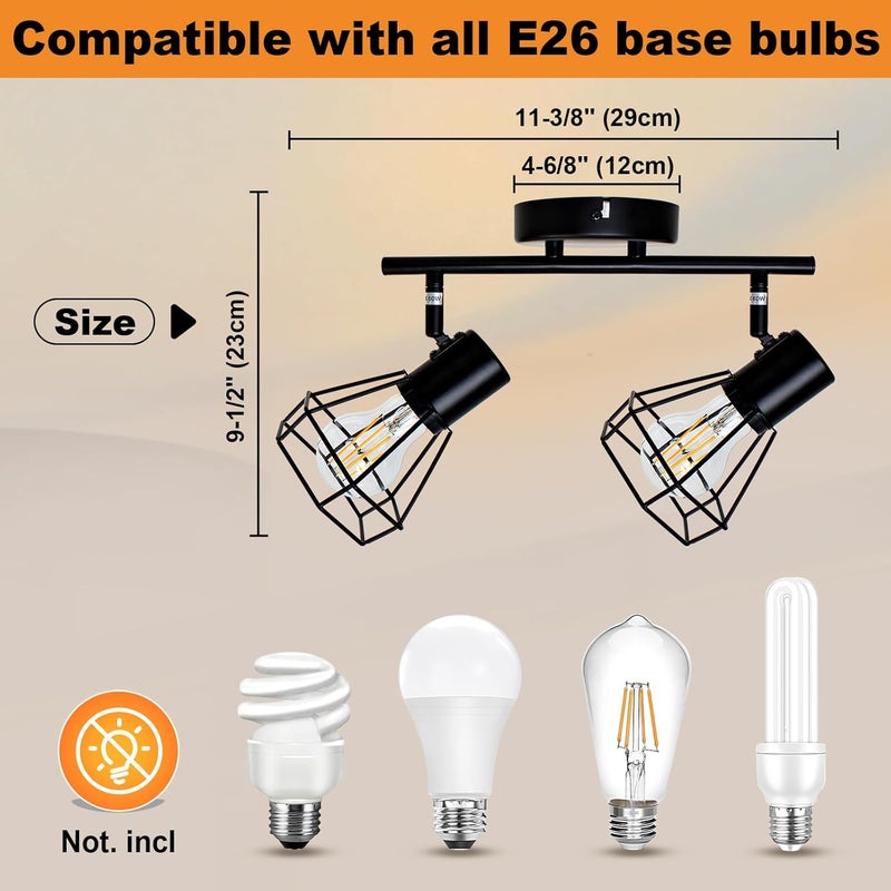 LTBLIGHT LED Track Lighting Kit, 2-Light Directional Ceiling Light Fixture, Black Metal Wire Cage Ceiling Spot Lighting Fitting for Kitchen, Bedroom, Art Wall, E26 Base, Bulbs Not Included - Image 4
